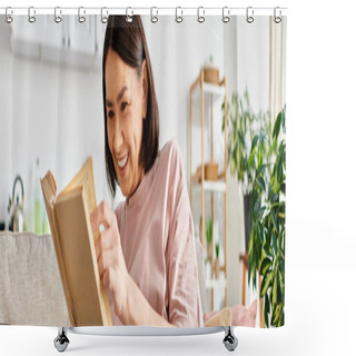 Personality  A Mature Woman In Cozy Homewear Sits, Immersed In A Book, On A Comfortable Couch. Shower Curtains