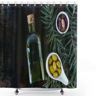 Personality  Top View Of Bottle Of Olive Oil And Olives In Bowls On Shabby Surface Shower Curtains