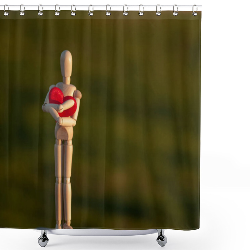 Personality  Wooden Mannequin Embracing His Heart With His His Hands Concept Of Romanticism And Love Shower Curtains