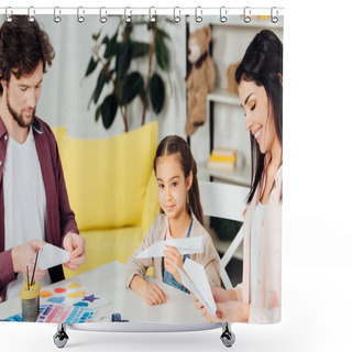 Personality  Happy Parents And Cute Daughter Holding Paper Planes At Home  Shower Curtains