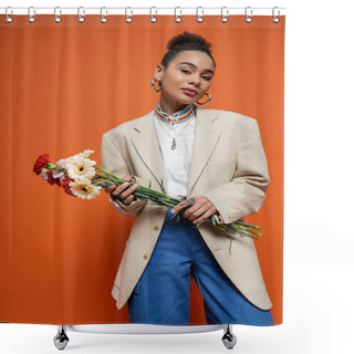 Personality  Young Pretty African American Model In Beige Blazer With Hoop Earrings Holding Flower Bouquet Shower Curtains