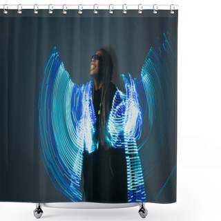Personality  Smiling African American Woman In Smart Glasses With Abstract Projection On Grey Background  Shower Curtains