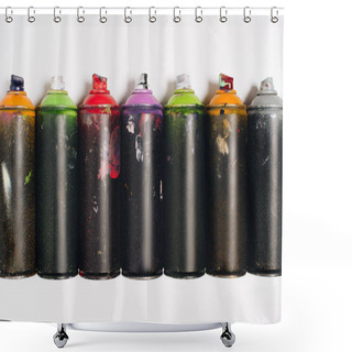 Personality  Top View Of Arranged Colorful Spray Paint In Cans Isolated On White Shower Curtains