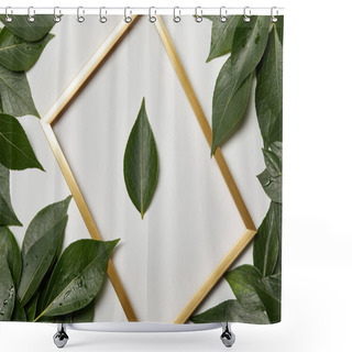 Personality  Empty Golden Frame On White Background With Copy Space And Green Leaves Shower Curtains