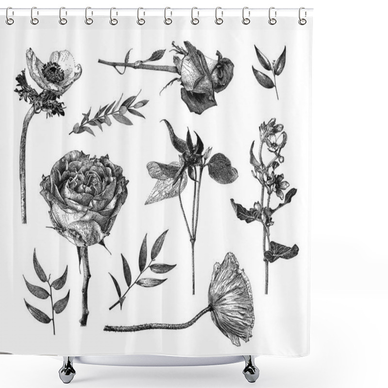 Personality   Vector illustration with set of Clematis, Anemone, Oxypetalum coeruleum, Hybrid tea rose, branches and leaves drawn by hand shower curtains