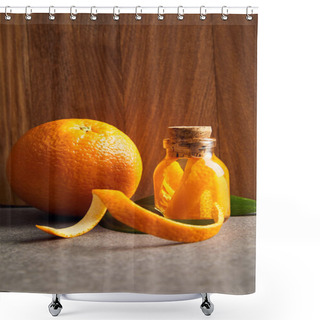 Personality  Ripe Orange And Essential Oil In Glass Bottle On Wooden Background Shower Curtains