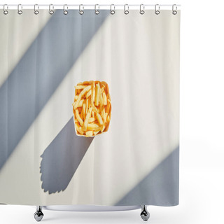 Personality  Top View Of Tasty French Fries In Bucket On White Table In Sunlight Shower Curtains