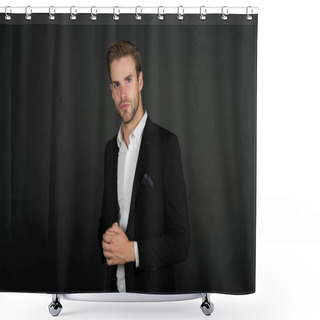 Personality  Confident In His Career. Confident Businessman Dark Background. Confident Look Of Fashion Man. Formal Office Style. Mens Wardrobe. Confident And Elegant Shower Curtains