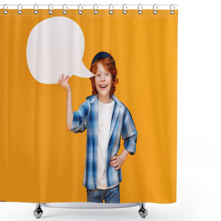 Personality  Happy Funny Boy With Hand On Waist Smiling And Holding Blank Speech Balloon Near Head Against Yellow Backgroun Shower Curtains