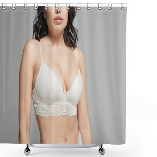 Personality  Cropped View Of Woman In Lace Bra Isolated On Grey Shower Curtains