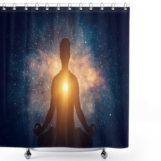Personality  Man And Soul. Yoga Lotus Pose Meditation On Nebula Galaxy Background. Zen, Spiritual Well-being Shower Curtains