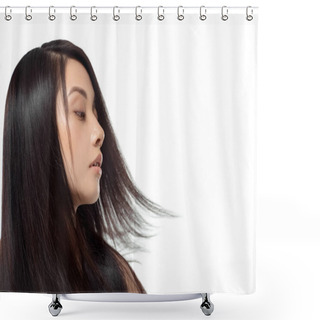 Personality  Portrait Of Young Asian Woman With Beautiful And Healthy Hair Isolated On White Shower Curtains