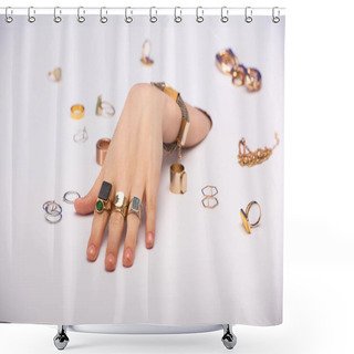 Personality  Cropped View Of Woman With Bracelet On Hand Near Golden Rings On White  Shower Curtains