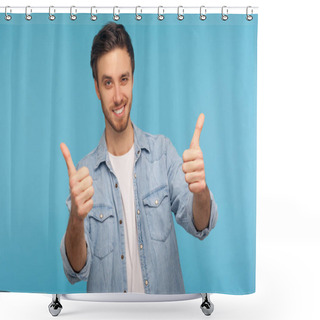 Personality  Well Done, Excellent Job! Portrait Of Smiling Satisfied Man In Worker Denim Shirt Standing With Thumbs Up, Like Gesture, Demonstrating Approval And Agree With Suggestion. Indoor Studio Shot Isolated Shower Curtains