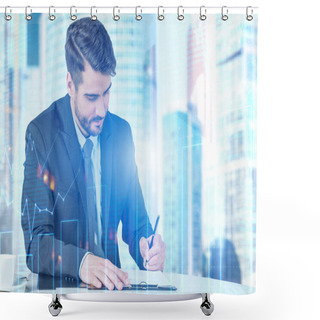 Personality  Serious Bearded Businessman Writing In Clipboard At Office Table. Double Exposure Of Blue Graphs And Cityscape Background. Toned Image. Stock Market Concept Shower Curtains