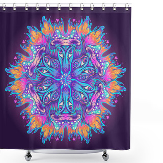 Personality  Magic Mushrooms Mandala. Psychedelic Hallucination. Vibrant Vector Illustration. 60s Hippie Colorful Art. Shower Curtains