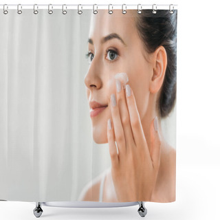 Personality  Beautiful Smiling Young Woman Applying Face Cream And Looking Away Shower Curtains