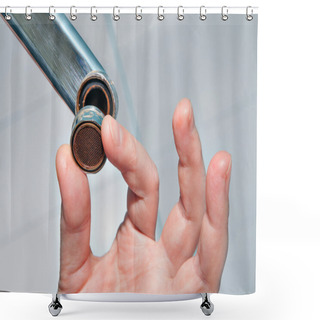 Personality  Close-up Of Hand Handyman Repairing A Faucet In The Bathroom. Shower Curtains