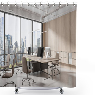 Personality  Modern Workplace Interior With Pc Desktop On Table, Armchairs On Light Concrete Floor. Corner View Of Coworking Space With Wooden Shelf Drawers, Panoramic Window On New York Skyscrapers. 3D Rendering Shower Curtains