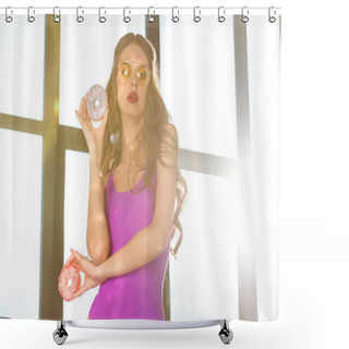 Personality  Sexy Attractive Girl In Ultra Violet Swimsuit Holding Doughnuts Shower Curtains