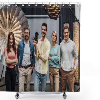 Personality  Cheerful Team Smiling While Looking At Camera In Photo Studio  Shower Curtains