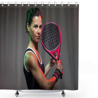 Personality  Portrait Of Adult Fitness Woman Looking At Camera While Playing Padel Indoor. Isolated On Black. Shower Curtains