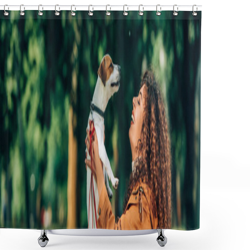Personality  Website Header Of Woman Holding Jack Russell Terrier And Leash In Park  Shower Curtains