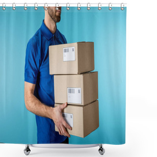 Personality  Cropped View Of Delivery Man Holding Cardboard Packages Isolated On Blue Shower Curtains