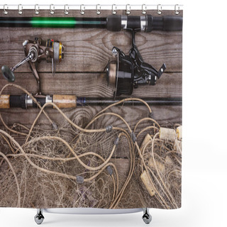 Personality  Top View Of Fishing Rods And Fishing Net On Wooden Planks  Shower Curtains