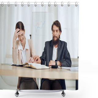 Personality  Business Man And Woman In Office Harassment Conflict Problem Shower Curtains