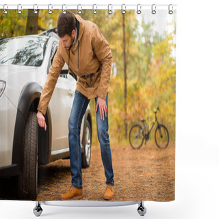 Personality  Man Checking Car Tyre  Shower Curtains