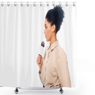 Personality  African American Journalist Speaking Into Microphone Isolated On White Shower Curtains