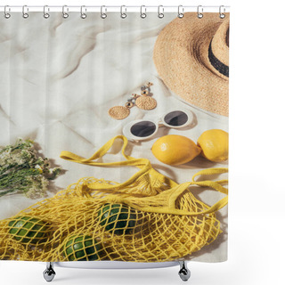 Personality  High Angle View Of Straw Hat, Sunglasses, Earrings, Flowers And Yellow String Bag With Ripe Tropical Fruits Shower Curtains