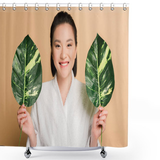 Personality  Happy Beautiful Asian Woman In Bathrobe With Green Leaves On Beige Shower Curtains
