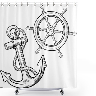 Personality  Anchor And Ship's Wheel Sketch Shower Curtains