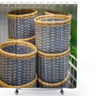 Personality  Collection Of Blue Handmade Rattan Baskets. Handmade Wicker Basket Made From Natural Bamboo And Rattan.Handmade Handicrafts. Nobody Shower Curtains