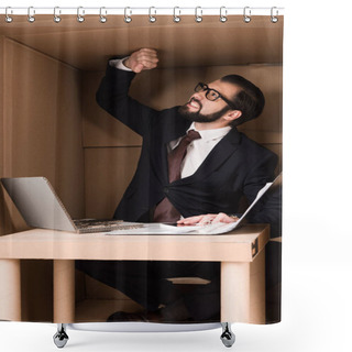 Personality  Businessman Working With Cardboard Laptop  Shower Curtains