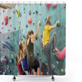 Personality  Row Of Young Sportswomen And Schoolboy In Activewear Creeping Upon Climbing Wall While Holding By Small Rocks Shower Curtains