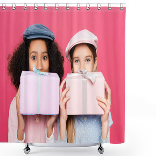 Personality  Excited Multicultural Friends In Trendy Outfit Holding Gift Boxes Isolated On Pink Shower Curtains