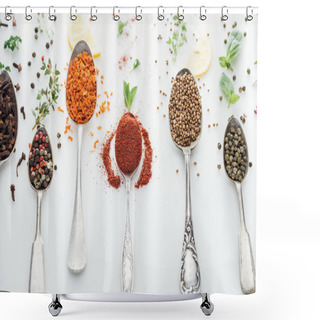 Personality  Top View Of Spices In Silver Spoons Near Herbs And Lemon Slices On White Background Shower Curtains