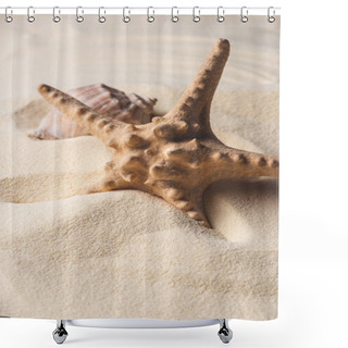 Personality  Summer Theme Template With Starfish And Shell On Sandy Beach Shower Curtains