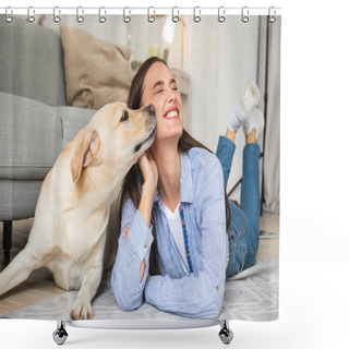 Personality  Young Smiling Woman With Dog Lying On Floor Shower Curtains
