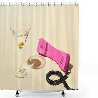 Personality  Transparent Glass With Cocktail And Olive Near Pink Vintage Phone On Beige Background Shower Curtains