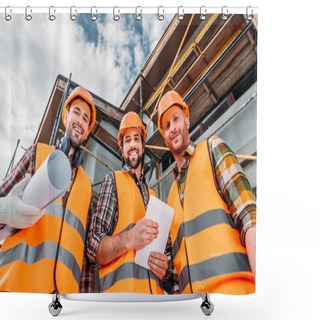 Personality  Bottom View Of Group Of Builders With Blueprint And Tablet Looking At Camera At Construction Site Shower Curtains