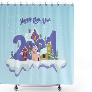 Personality  Vector With Happy New Year Lettering Near Houses, Pines And Falling Snow On Blue Shower Curtains