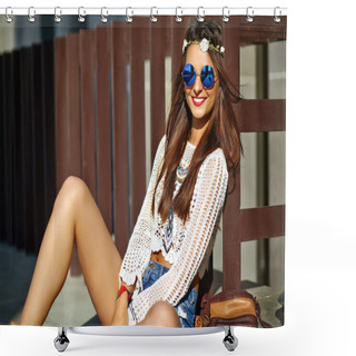 Personality  Sexy Smiling Beautiful Young Hippie Woman Model In Summer  Hipster Clothes Shower Curtains