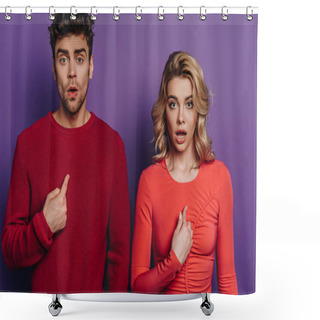 Personality  Surprised Man And Woman Pointing With Fingers At Themselves While Looking At Camera On Purple Background Shower Curtains