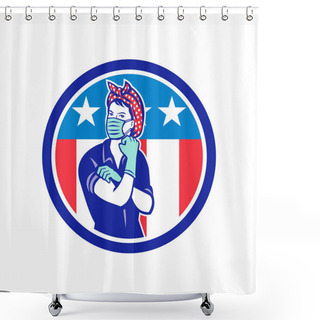 Personality  Mascot Illustration Of Rosie, The Riveter, As Medical Healthcare Essential Worker Wearing A Surgical Mask And Gloves With USA Stars And Stripes Flag Set Inside Circle Done In Retro Style. Shower Curtains