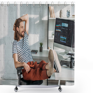 Personality  Happy Filmmaker Resting Near Computer Monitors In Studio  Shower Curtains