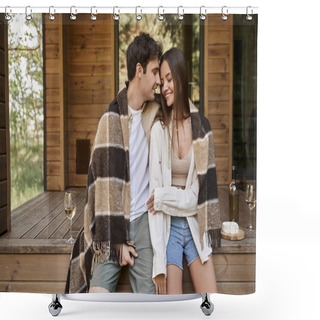 Personality  Positive Couple In Blanket Sitting With Closed Eyes Near Wine And Cheese With Summer House Outdoors Shower Curtains